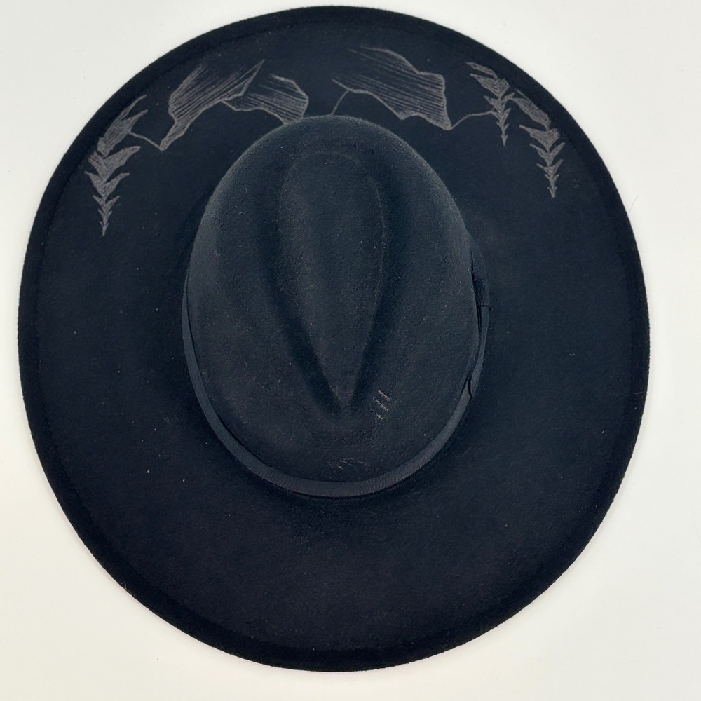 Fedora Hat Womens Hand Burnt Black Mountain Etched Wide Brim Felt Boho Cowgirl